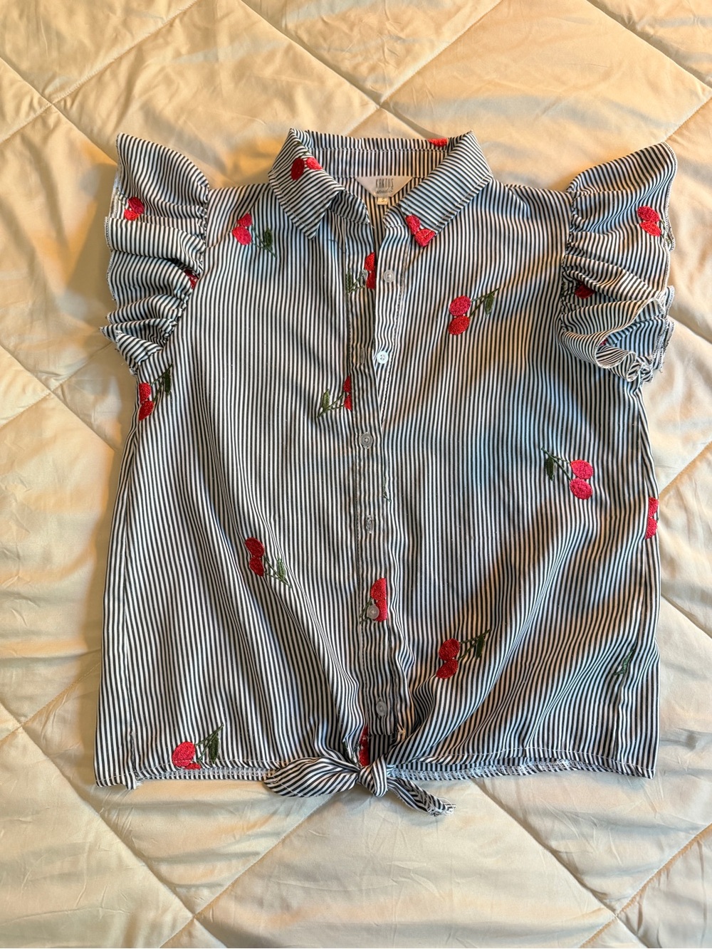 Kaktus Black and White Striped Button-Front Top with Red Cherry Embroidery